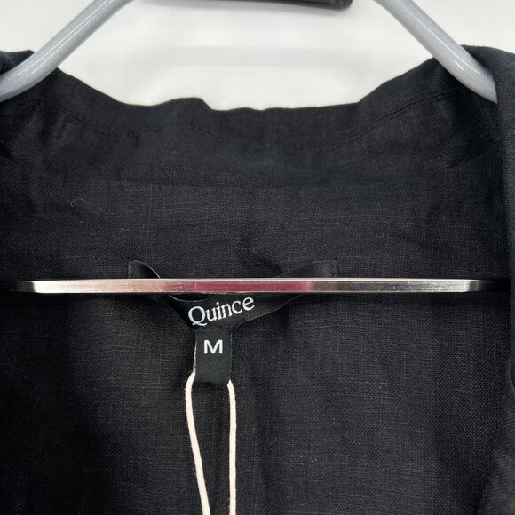 Quince Women's Black Linen Button Front Dress sz M Midi A-Line Belt Short Sleeve - Picture 2 of 9